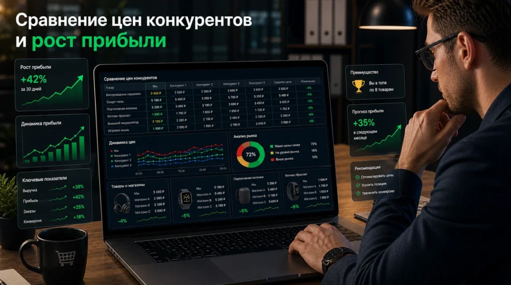 eCommerce-специалист изучает цены и товары, дашборд с графиками и показателями прибыли.
