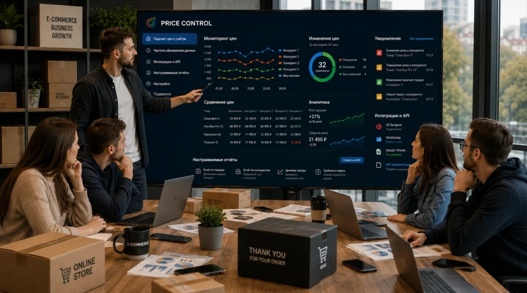 Маркетинг-директор показывает команде платформу Price Control с мониторингом цен, аналитикой и уведомлениями на большом экране.